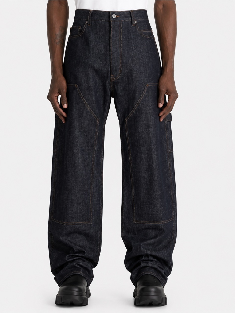 Rick Owens DRKSHDW DBLKNEE Geth Cut Raw Indigo Jeans — Made in Japan, Size 34